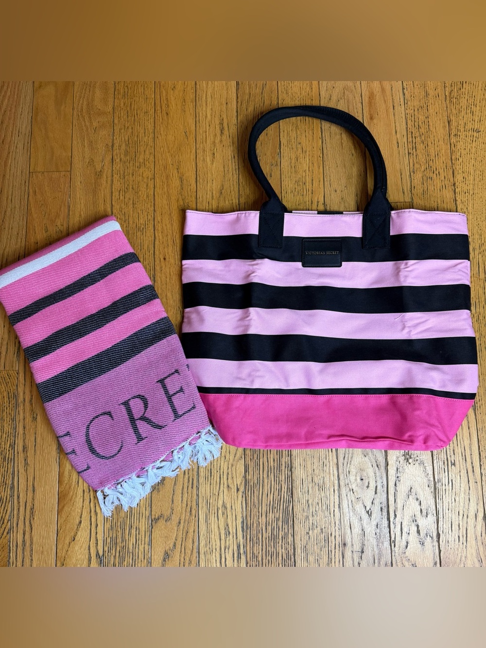 Victoria's Secret Tote With Matching Blanket Towel Pink & Black Striped NWOT